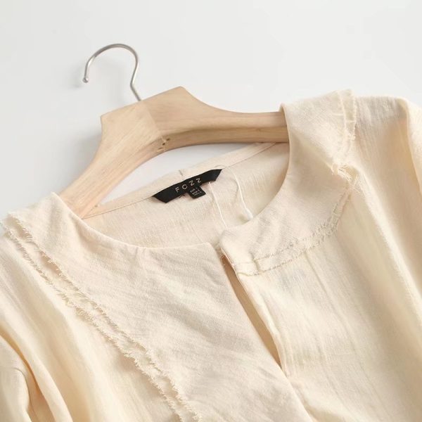 Round Neck Pullover Beige Ruffled Neckline Details Fashion Casual Shirt Women