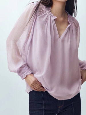 Women Long-Sleeved Elegant Crepe Casual Shirt, Autumn Lavender