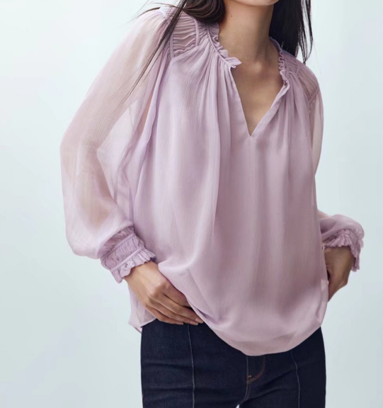 Women Long-Sleeved Elegant Crepe Casual Shirt, Autumn Lavender