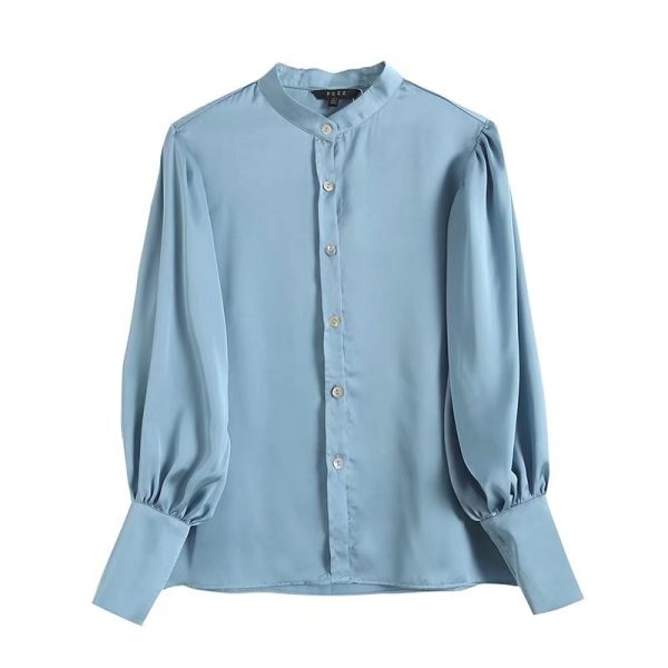 Women Stand Collar Court Vintage Casual Shirt Autumn New Lantern Sleeve Glossy Long Sleeve Shirt