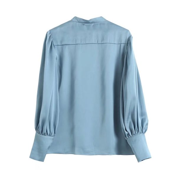 Women Stand Collar Court Vintage Casual Shirt Autumn New Lantern Sleeve Glossy Long Sleeve Shirt