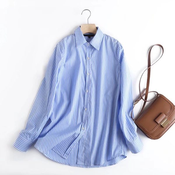 Autumn Basic Striped Poplin Blouse New Polo Collar Women Autumn Loose Drooping Striped Shirt