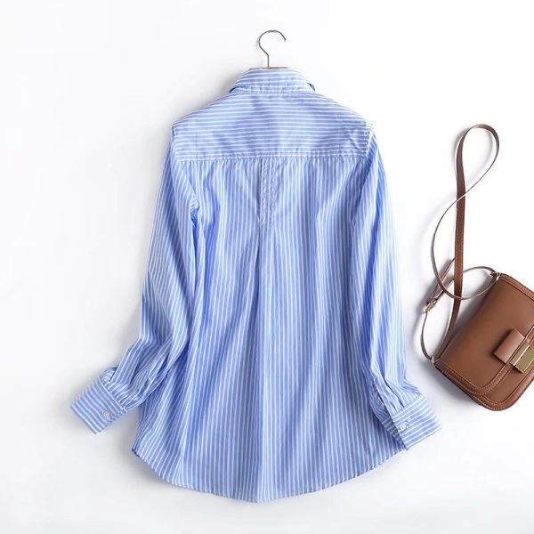 Autumn Basic Striped Poplin Blouse New Polo Collar Women Autumn Loose Drooping Striped Shirt