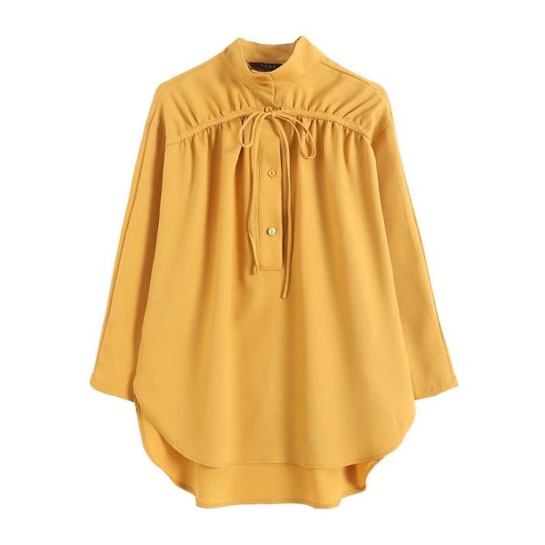 New Bow Tie Detail Turtleneck Casual Blouse Yellow Tall Collar Loose Version Female Autumn Shirt