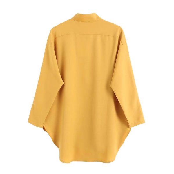 New Bow Tie Detail Turtleneck Casual Blouse Yellow Tall Collar Loose Version Female Autumn Shirt