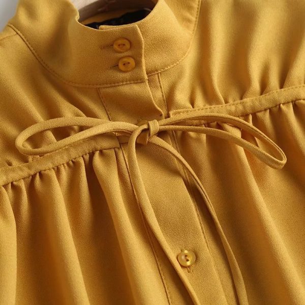 New Bow Tie Detail Turtleneck Casual Blouse Yellow Tall Collar Loose Version Female Autumn Shirt