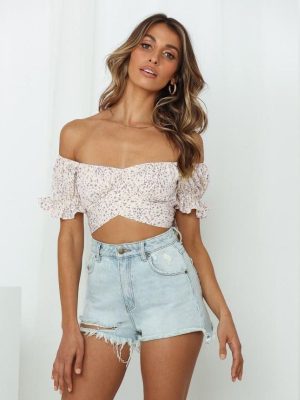 Summer Floral Digital Printing Women Sexy off-Neck Lace-up Short Sleeve Minicoat cropped T-shirt