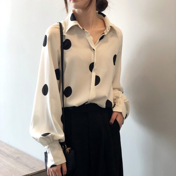 Spring French Retro Polka Dot Chiffon Shirt Women Long Sleeve Loose Korean Shirt Women