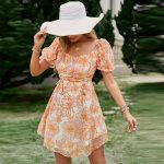 Square Neck Crinkle Floral Print Mini Dress High Waist Cover Up Summer Boho Short