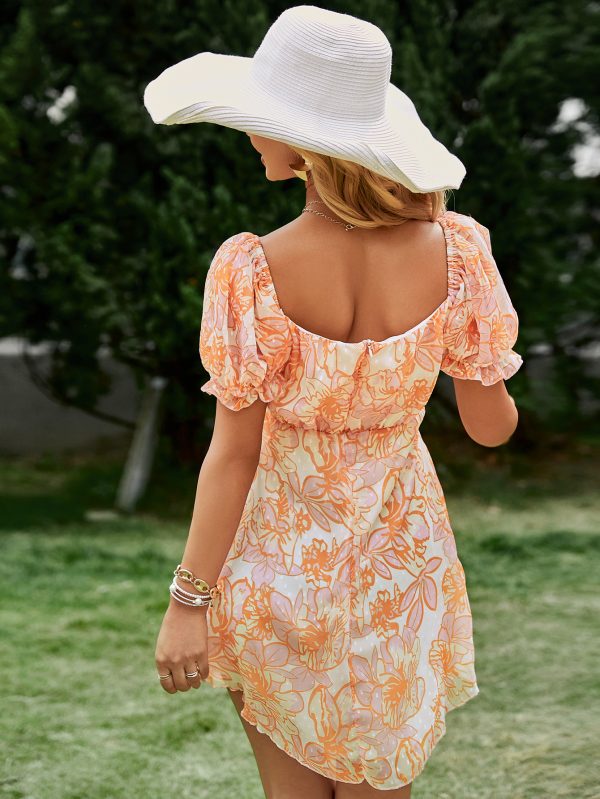Square Neck Crinkle Floral Print Mini Dress High Waist Cover Up Summer Boho Short