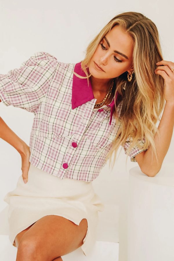 Retro Short Sleeve Plaid Shirt New cropped Puff Sleeve Cardigan Top Women