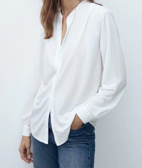 Stand Collar Simple Fall Long Sleeve Shirt New Shoulder Pleated Drape Blouse