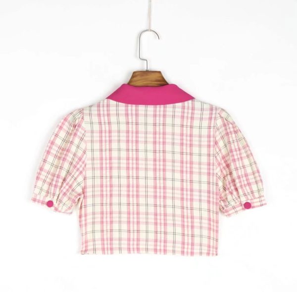 Retro Short Sleeve Plaid Shirt New cropped Puff Sleeve Cardigan Top Women