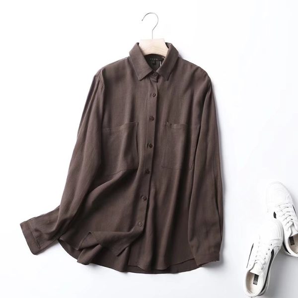 Spring Ladies Texture Solid Color Polo Collar Single-Breasted Drape Double Pocket Long Sleeve Shirt