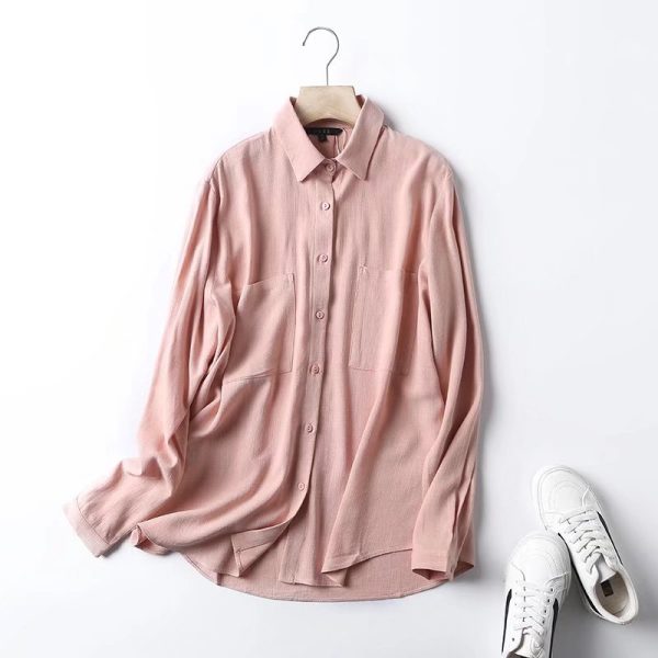 Spring Ladies Texture Solid Color Polo Collar Single-Breasted Drape Double Pocket Long Sleeve Shirt