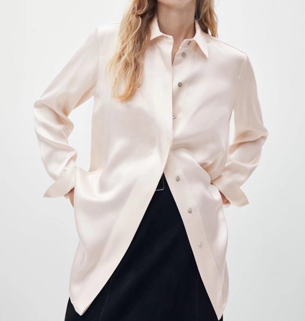 Spring Draping Long-Sleeved Shirt Apricot Women Polo Collar Solid Color Basic Satin Shirt