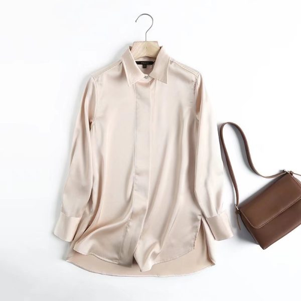 Spring Draping Long-Sleeved Shirt Apricot Women Polo Collar Solid Color Basic Satin Shirt