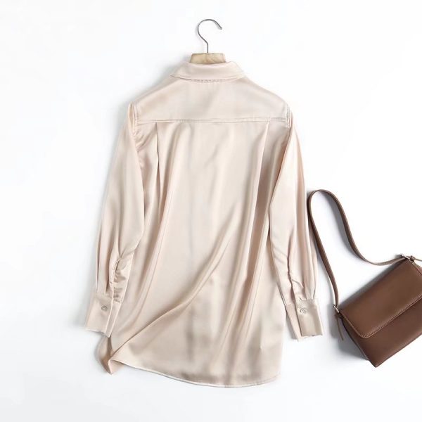 Spring Draping Long-Sleeved Shirt Apricot Women Polo Collar Solid Color Basic Satin Shirt