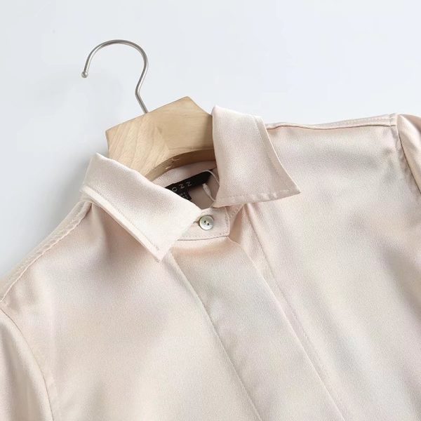 Spring Draping Long-Sleeved Shirt Apricot Women Polo Collar Solid Color Basic Satin Shirt