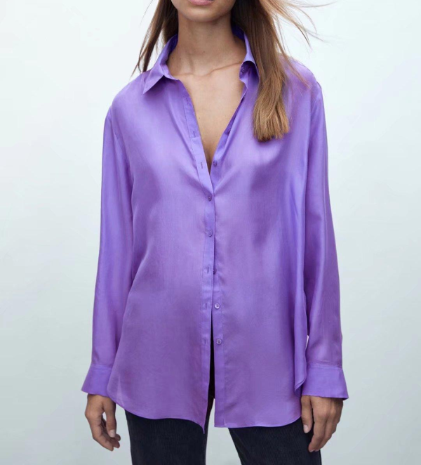 Women Light Purple Collared Basic Solid Color Satin Drape Autumn Long Sleeve Shirt