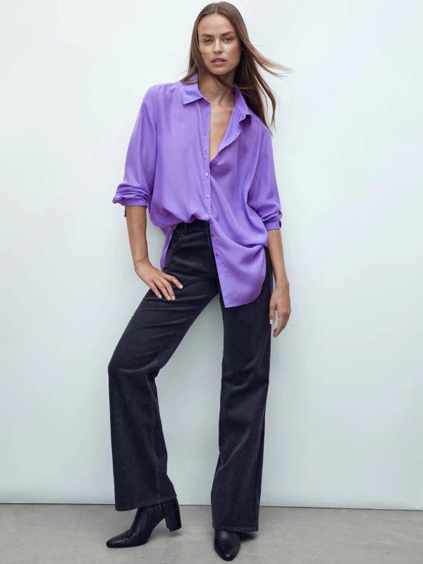 Women Light Purple Collared Basic Solid Color Satin Drape Autumn Long Sleeve Shirt