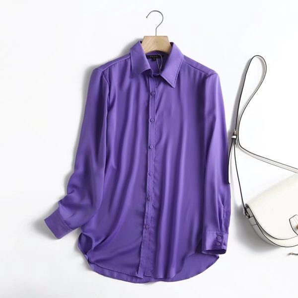 Women Light Purple Collared Basic Solid Color Satin Drape Autumn Long Sleeve Shirt