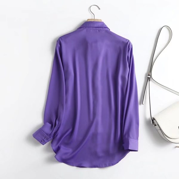 Women Light Purple Collared Basic Solid Color Satin Drape Autumn Long Sleeve Shirt