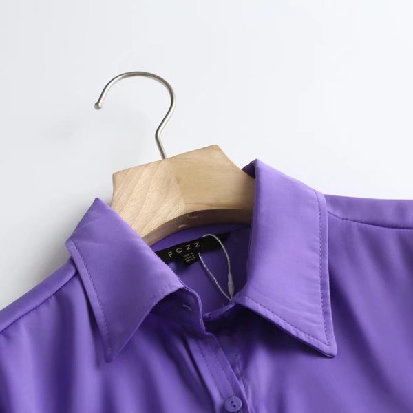 Women Light Purple Collared Basic Solid Color Satin Drape Autumn Long Sleeve Shirt