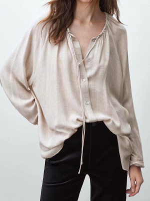 Autumn Crew Neck Women Plain Long Sleeve New Pleated Collar Casual Top Shirt