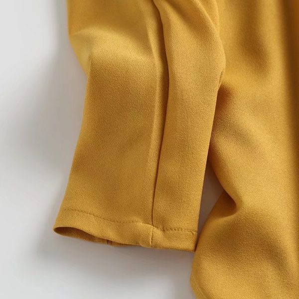 New Bow Tie Detail Turtleneck Casual Blouse Yellow Tall Collar Loose Version Female Autumn Shirt