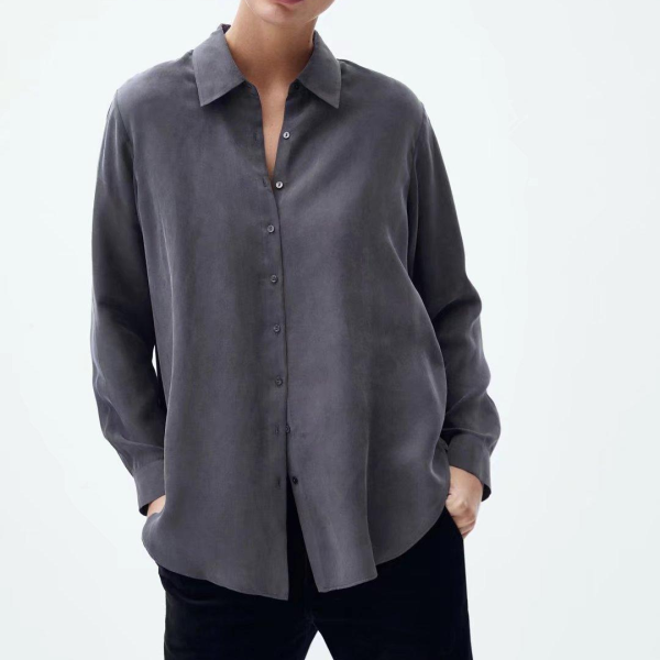 Autumn Women Plain Clean Draping Peter Pan Collar Long Sleeve Copper Ammonia Fiber Casual Shirt