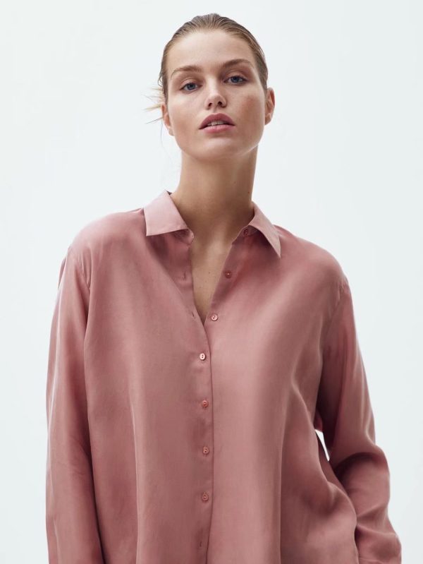 Autumn Women Plain Clean Draping Peter Pan Collar Long Sleeve Copper Ammonia Fiber Casual Shirt