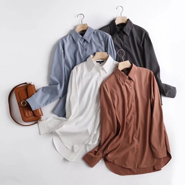 Autumn Women Plain Clean Draping Peter Pan Collar Long Sleeve Copper Ammonia Fiber Casual Shirt