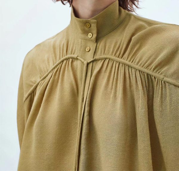 New Bow Tie Detail Turtleneck Casual Blouse Yellow Tall Collar Loose Version Female Autumn Shirt