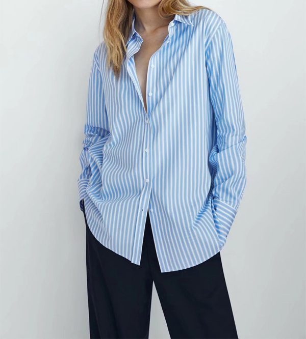 Autumn Basic Striped Poplin Blouse New Polo Collar Women Autumn Loose Drooping Striped Shirt