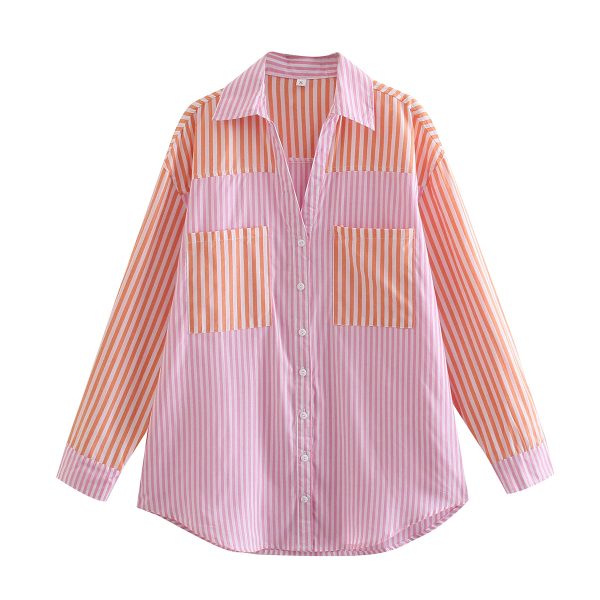 Women Clothing New French Minority Mixed Color Stripe Long Sleeve Shirt Loose Slimming