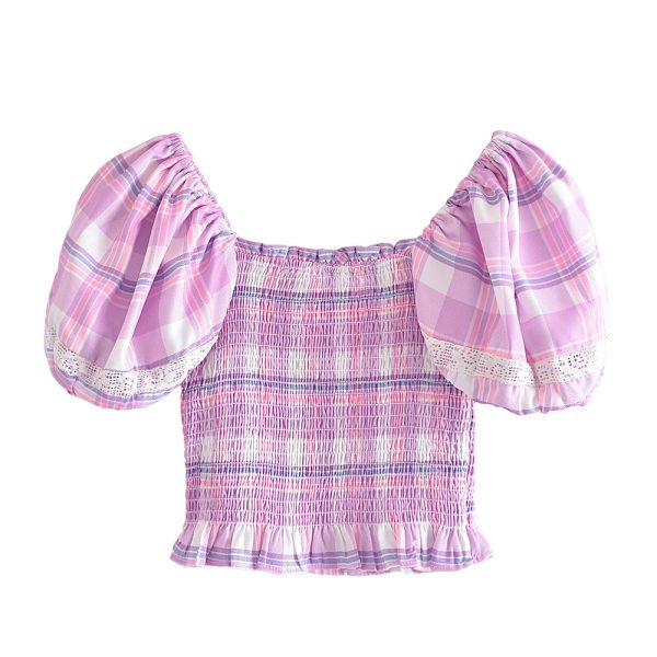 Sweet Girl Plaid Ruffled Elastic Cropped Top Niche Design Square Collar Puff Sleeve Short Small Shirt