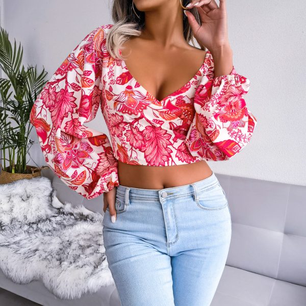 V-neck Lantern Sleeves Long Sleeve Floral Chiffon Shirt Vacation Cropped Top Women Clothing