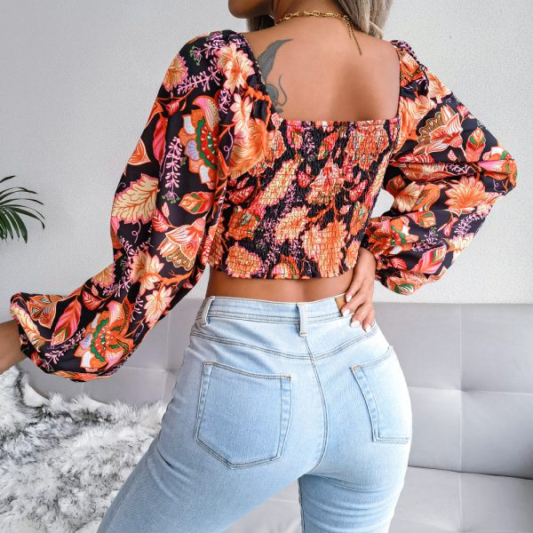 V-neck Lantern Sleeves Long Sleeve Floral Chiffon Shirt Vacation Cropped Top Women Clothing