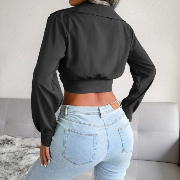 Suit Collar Knotted Shirt Cropped Top Women Clothing Spring Summer