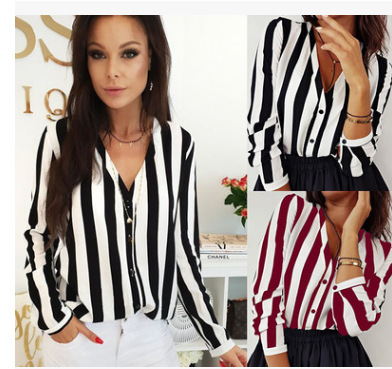 Casual Office Sexy V-neck Striped Long-Sleeved Top