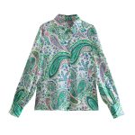 Spring Retro Collared Long Sleeve Single-Breasted Green Printing Shirt Female