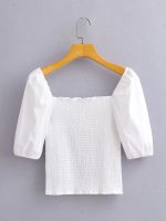 Summer New Pure White Short Sleeve Square Collar Slimming Top Elastic Slim Fit Short Shirt smocked
