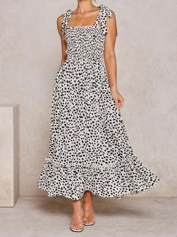 Sundress Large Swing Dress Spring New Polka Dot Printed Lace up Strap Dress Shoulder Bow Tie Strap