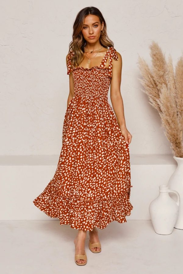 Sundress Large Swing Dress Spring New Polka Dot Printed Lace up Strap Dress Shoulder Bow Tie Strap