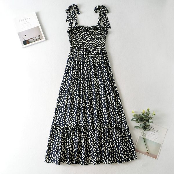 Sundress Large Swing Dress Spring New Polka Dot Printed Lace up Strap Dress Shoulder Bow Tie Strap