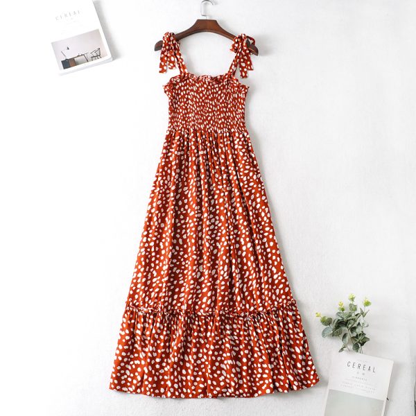 Sundress Large Swing Dress Spring New Polka Dot Printed Lace up Strap Dress Shoulder Bow Tie Strap