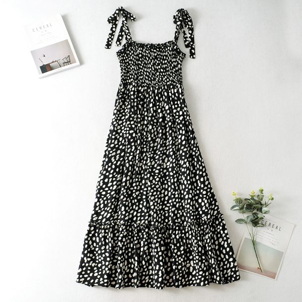 Sundress Large Swing Dress Spring New Polka Dot Printed Lace up Strap Dress Shoulder Bow Tie Strap