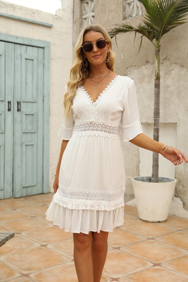 V Collar Short Sleeve Lace Dress