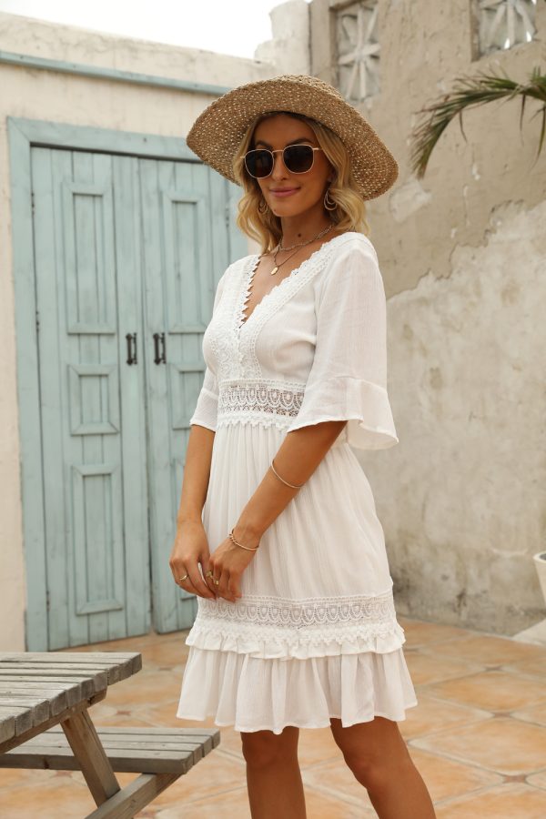 V Collar Short Sleeve Lace Dress